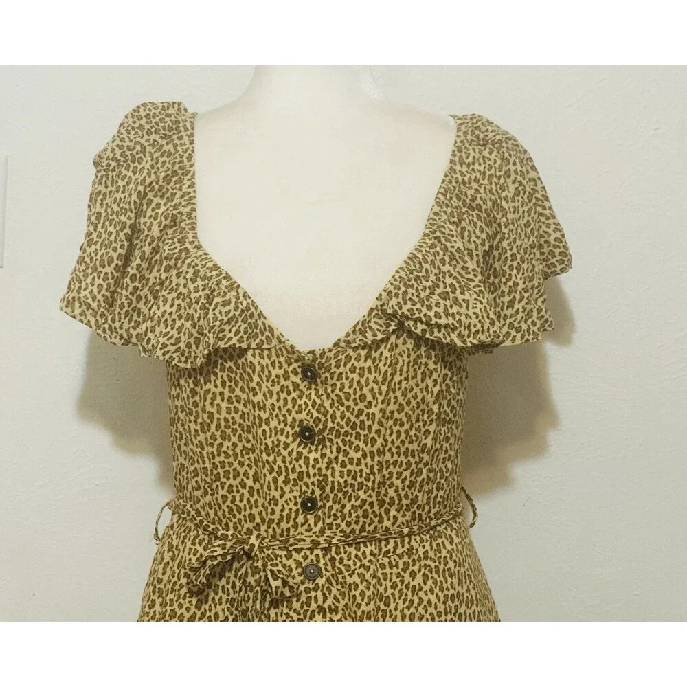 By Anthropologie Size 8 Bolano Leopard Print Midi Dress Ruffle Sleeve Tie Waist